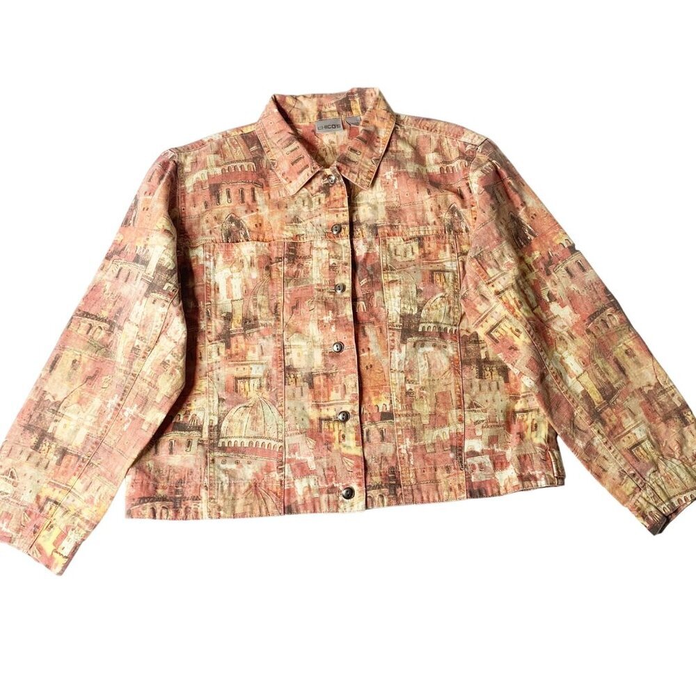 Chico’s Women's Rooftop Print Button Up Casual Cotton Denim Jacket Size 2